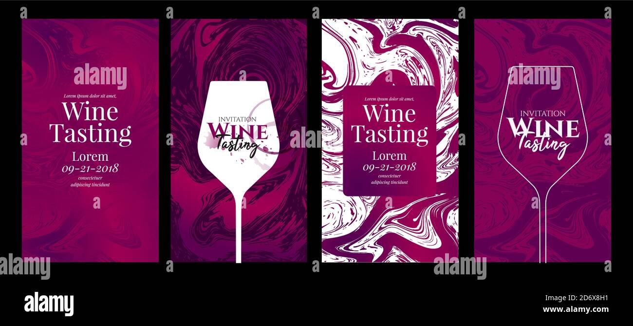 Collezione di maschere con disegni di vino. Illustrazione di vetro di vino. Trama di fondo e macchie di vino rosso. Illustrazione Vettoriale