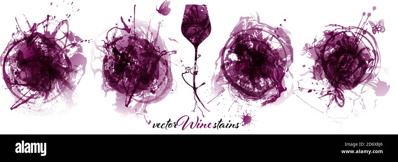 Set con sfondi a tratti e macchie di vino rosso. Risorsa grafica artistica per i vostri progetti di vino. Tratti fatti a mano. Illustrazione del bicchiere di vino e del te Illustrazione Vettoriale