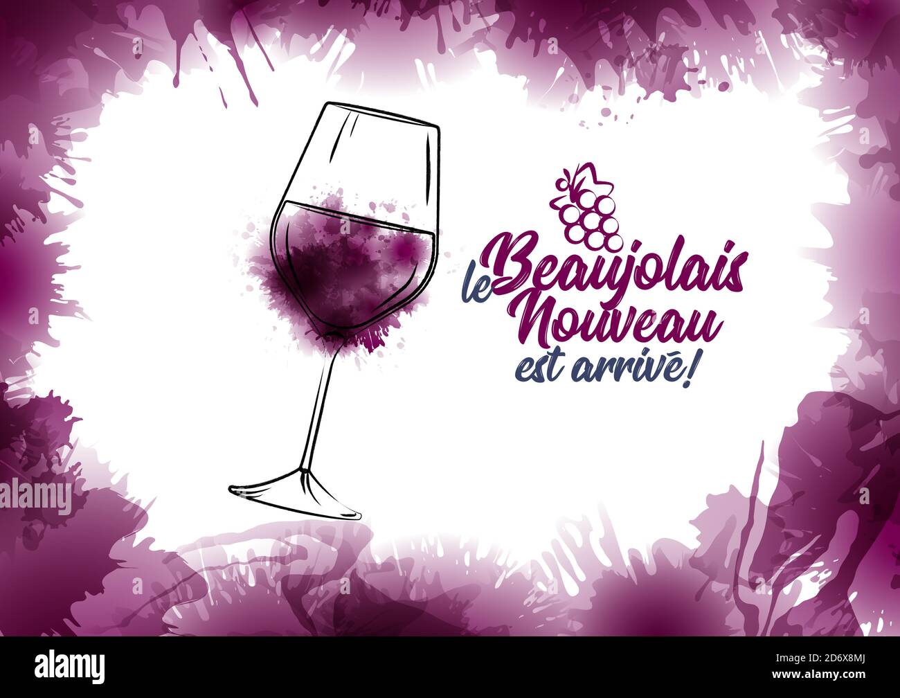 Immagine di un bicchiere di vino disegnato a mano con macchie di vino rosso. Il testo francese 'le Beaujolais Nouveau est arrivé', il nuovo Beaujolais è arrivato. Backgrou Illustrazione Vettoriale