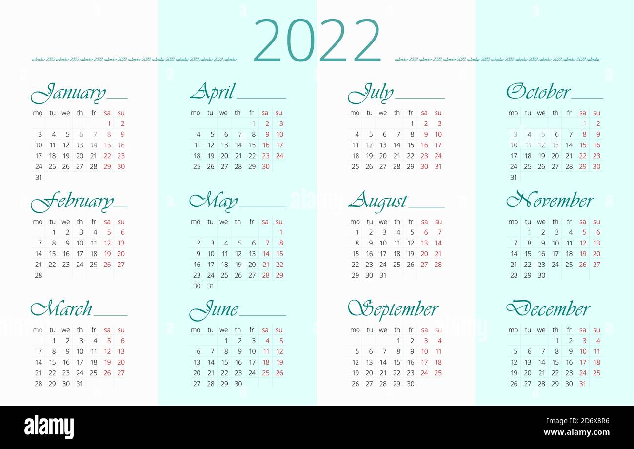 2022 modello di calendario in inglese. 12 mesi. La settimana inizia il  lunedì. Modello vettoriale modificabile 10 EPS. Orizzontale Immagine e  Vettoriale - Alamy