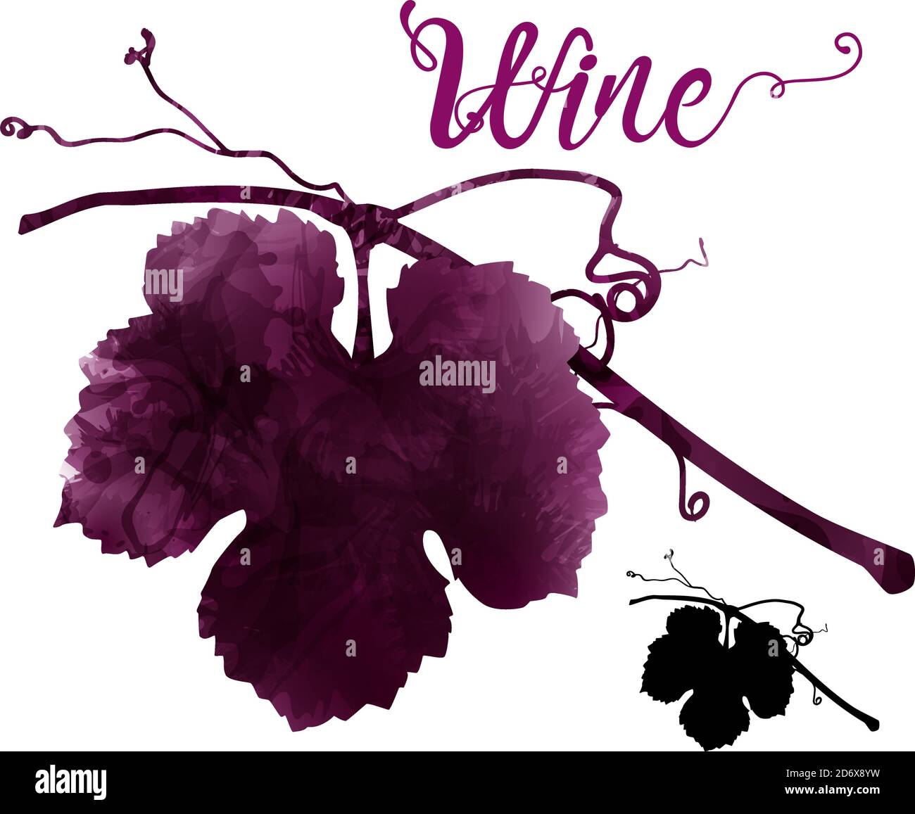 illustrazione della vite con i tendini. Illustrazione artistica con macchie di vino rosso. Poster, copertina, pubblicità, volantino, presentazione, invito al vino Illustrazione Vettoriale