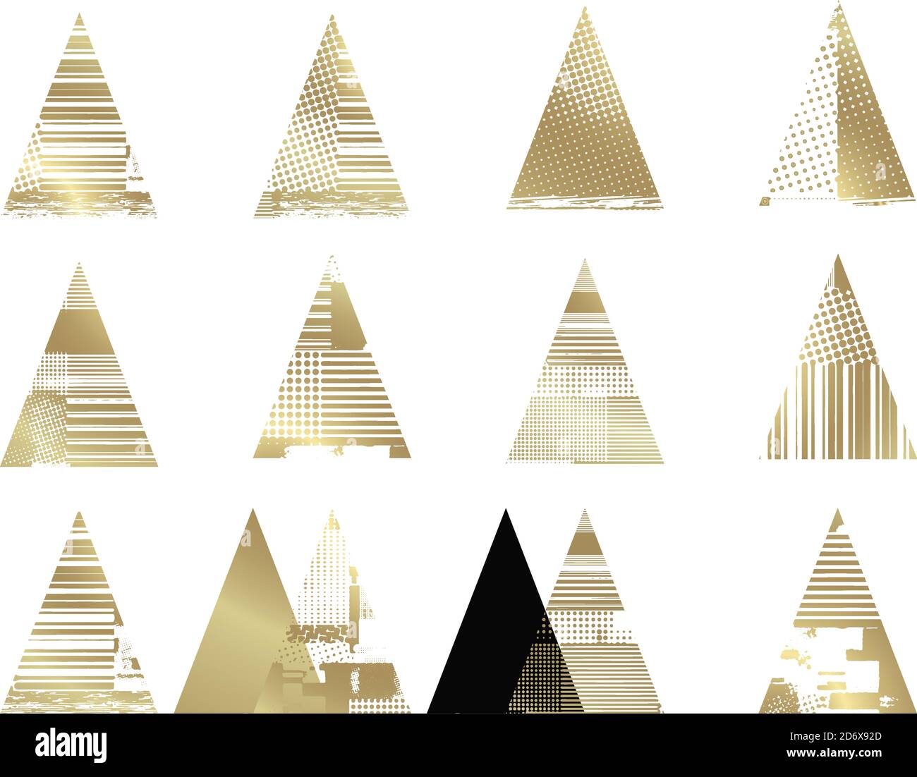 Forme triangolari con texture decorativa. Albero di Natale di colore dorato. Isolato. Illustrazione vettoriale. Per cartoline, schede promozionali, imballaggio p Illustrazione Vettoriale