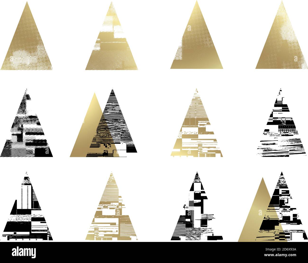 Forme triangolari con texture decorativa. Albero di Natale di colore dorato. Isolato. Illustrazione vettoriale. Per cartoline, schede promozionali, imballaggio p Illustrazione Vettoriale