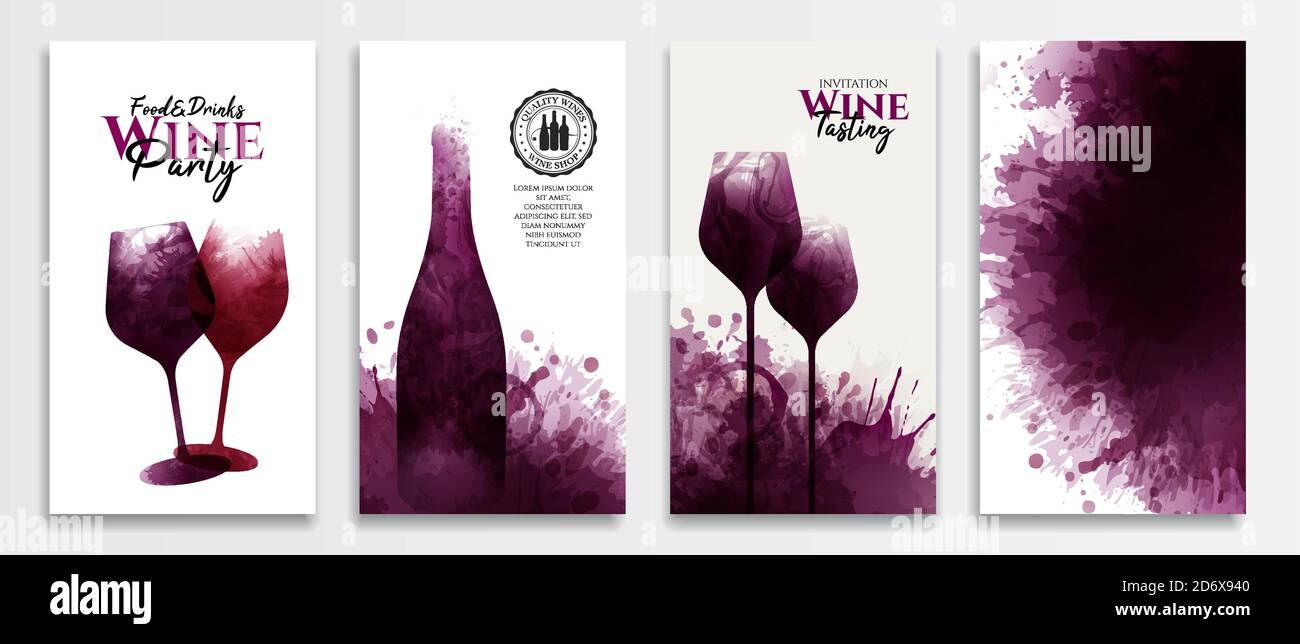 Modelli con disegni di vino. Macchie di vino rosso Illustrazione di bicchiere e bottiglia di vino. Banner sui social media, biglietti, copertine, brochure, backgr testurizzato Illustrazione Vettoriale