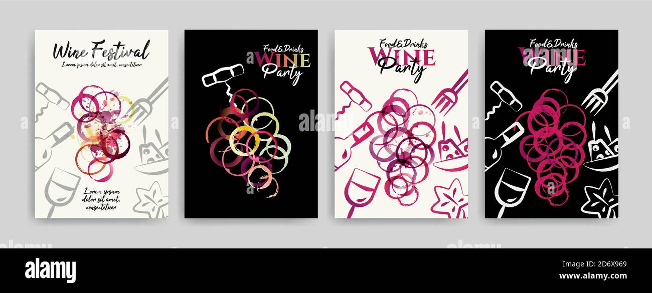 collezione di modelli con disegni per eventi enogastronomici, enogastronomici. Volantini, poster, biglietti di invito, banner, menu. Il vino macchiano lo sfondo. Idea w Illustrazione Vettoriale