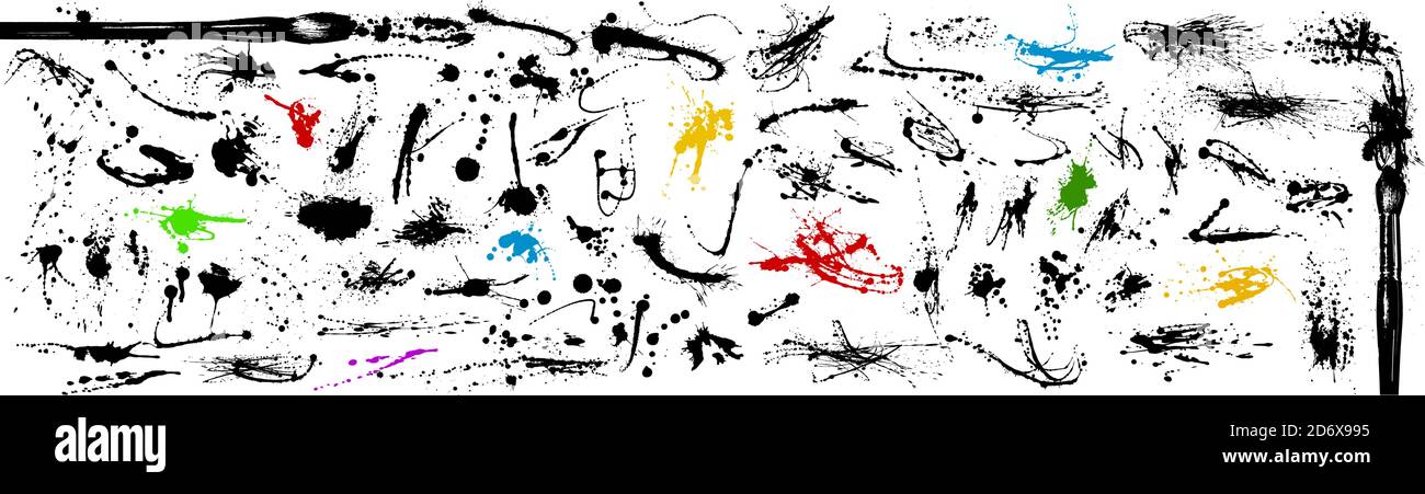 Ampia raccolta di macchie e schizzi di inchiostro. Dipinto a mano con pennello. Gocce, liquido versato. Tratti artistici. Illustrazione vettoriale Illustrazione Vettoriale