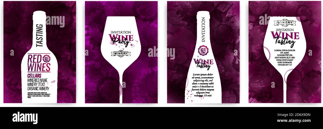Collezione di modelli con disegni di vini. Brochure; poster; biglietti di invito; banner promozionali; menu. Il vino macchiano lo sfondo. Illustrazione vettoriale Illustrazione Vettoriale