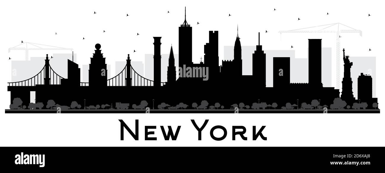 New York USA City Skyline Silhouette con edifici neri isolati su bianco. Illustrazione vettoriale. Il paesaggio urbano di New York con i punti di riferimento. Illustrazione Vettoriale