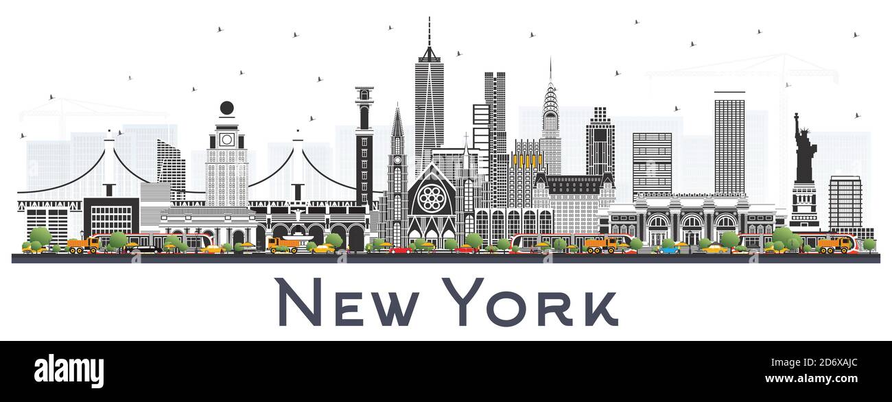 Skyline di New York USA City con edifici a colori isolati su bianco. Illustrazione vettoriale. Il paesaggio urbano di New York con i punti di riferimento. Illustrazione Vettoriale