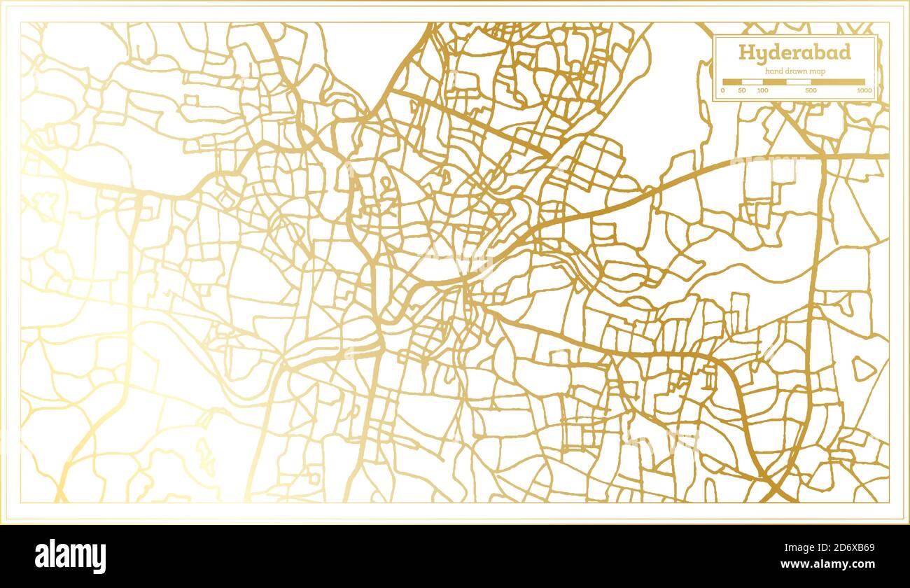 Mappa della città di Hyderabad India in stile retro in colore dorato. Mappa di contorno. Illustrazione vettoriale. Illustrazione Vettoriale