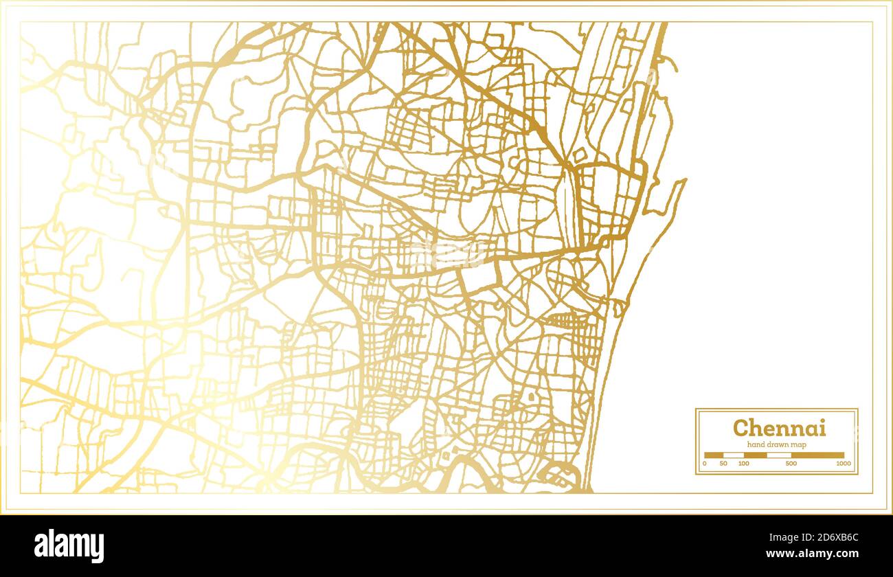 Mappa della città di Chennai India in stile retro in colore dorato. Mappa di contorno. Illustrazione vettoriale. Illustrazione Vettoriale