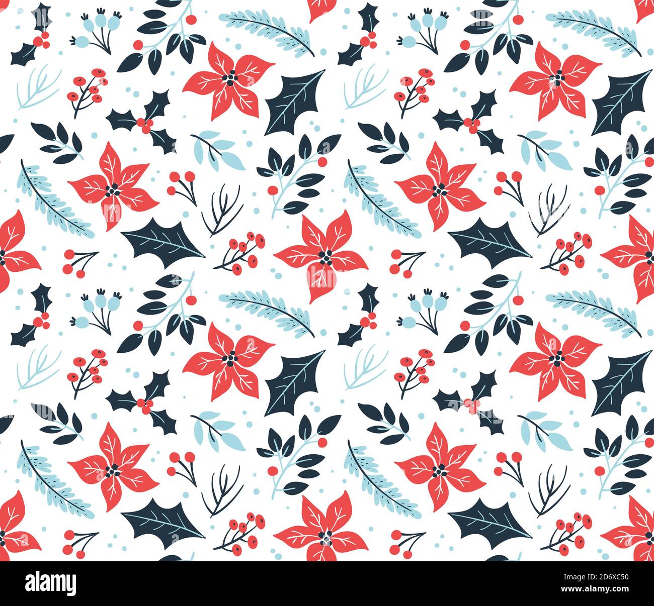 Motivo floreale senza giunture natalizie con fiori invernali freddi e rami. Sfondo bianco. Illustrazione vettoriale EPS 10. Illustrazione Vettoriale