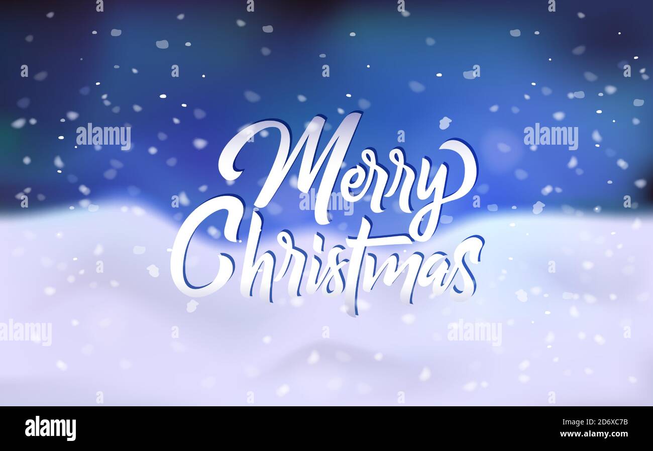 Buon Natale COMPLIMENTI banner, poster, biglietto di auguri con il cumulo di neve e fiocchi di neve caduta sul cielo blu scuro, illustrazione vettoriale Illustrazione Vettoriale