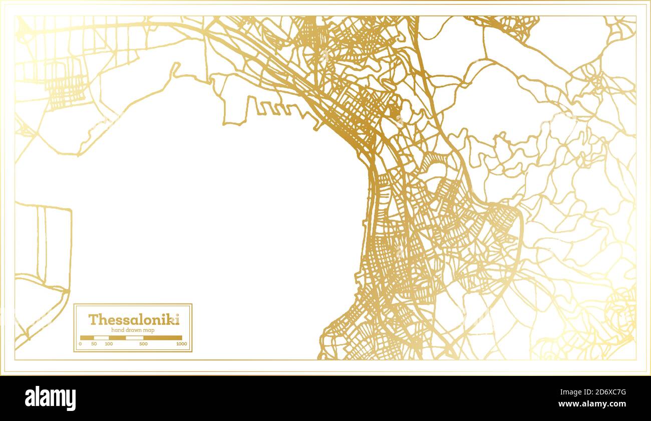 Mappa della città di Salonicco in stile retro in colore dorato. Mappa di contorno. Illustrazione vettoriale. Illustrazione Vettoriale