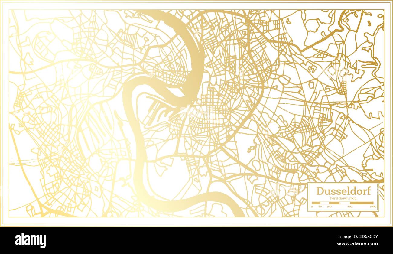 Mappa della città di Dusseldorf in stile retro in colore dorato. Mappa di contorno. Illustrazione vettoriale. Illustrazione Vettoriale
