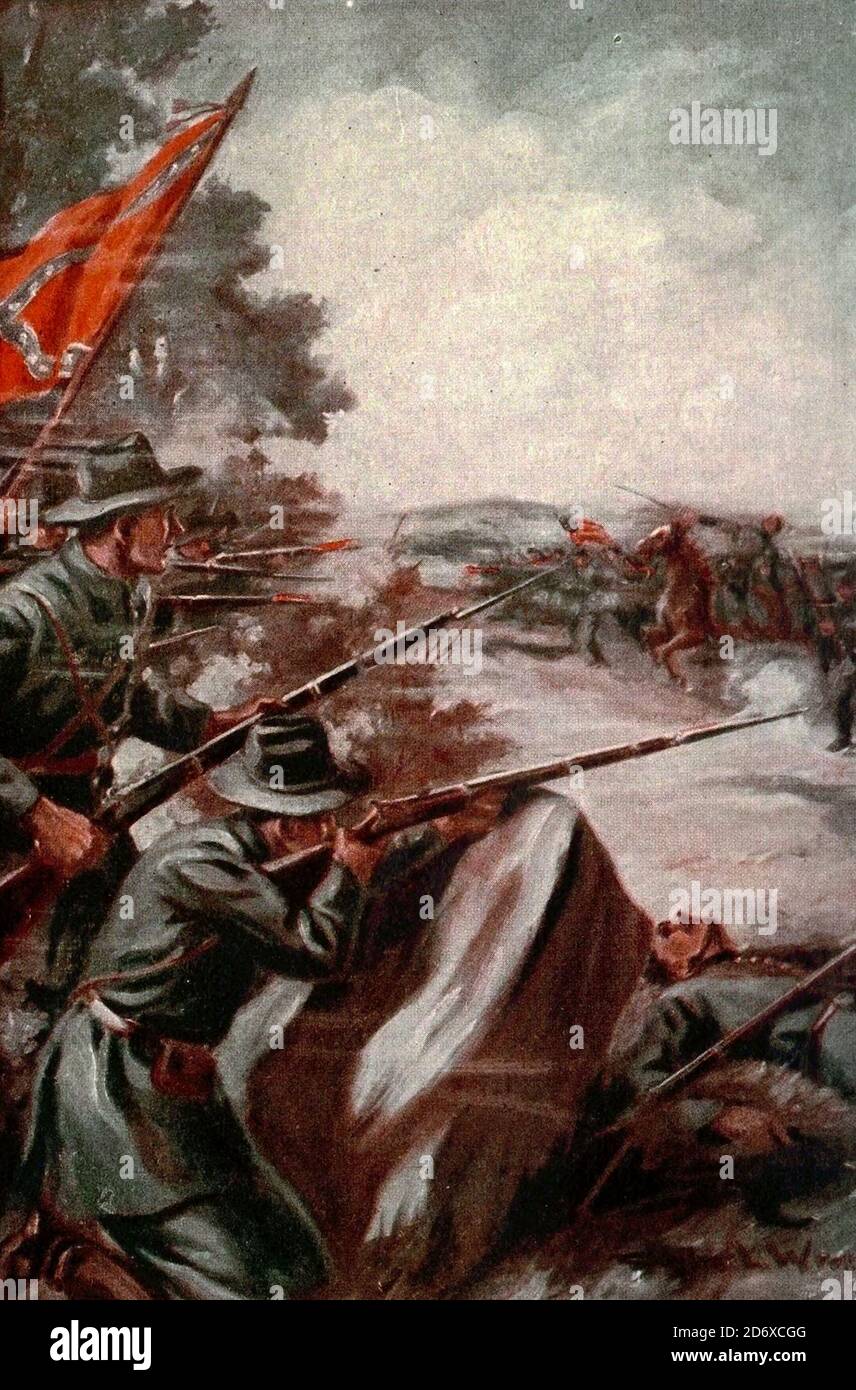 I proiettili degli skirmishers pioveva sull'avanzamento durante La battaglia di Gettysburg nella guerra civile americana Foto Stock