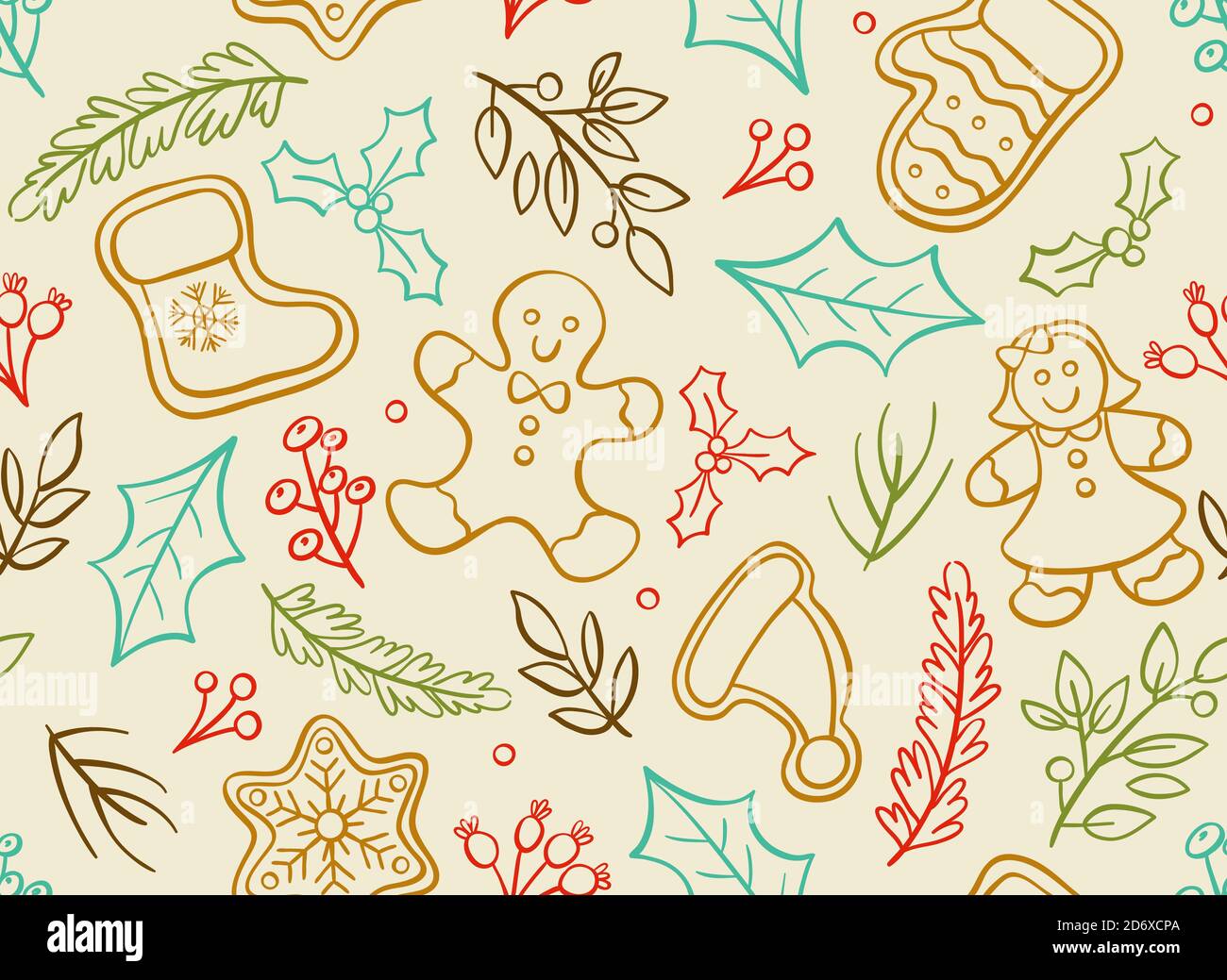 Motivo natalizio senza cuciture con elementi decorativi disegnati a mano isolati su sfondo chiaro. Illustrazione vettoriale EPS 10. Illustrazione Vettoriale