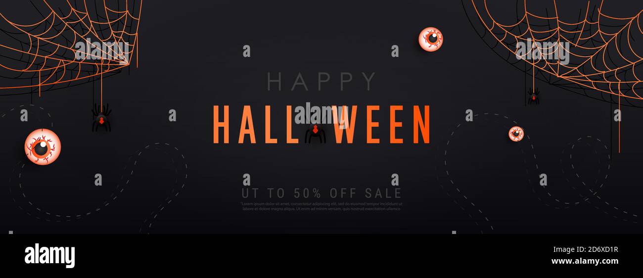 Sfondo dell'invito del partito o del banner orizzontale di Halloween felice. Cobweb, ragni e paurosi occhiali su sfondo scuro con copyspace Illustrazione Vettoriale