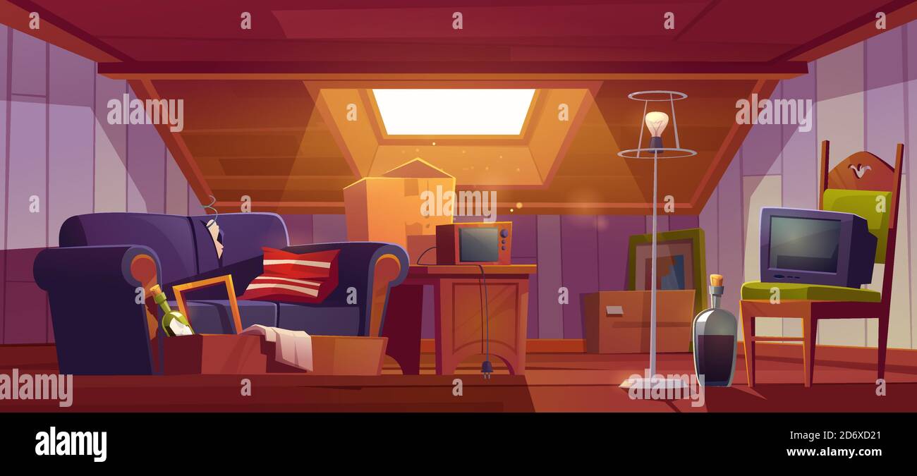 Camera mansardata con oggetti antichi, garage con finestra sul tetto e mobili. Luogo discreto con antico televisore spento, radio, scatole di cartone, bottiglia di vino, tavolo e lampada da terra. Illustrazione vettoriale cartoon Illustrazione Vettoriale