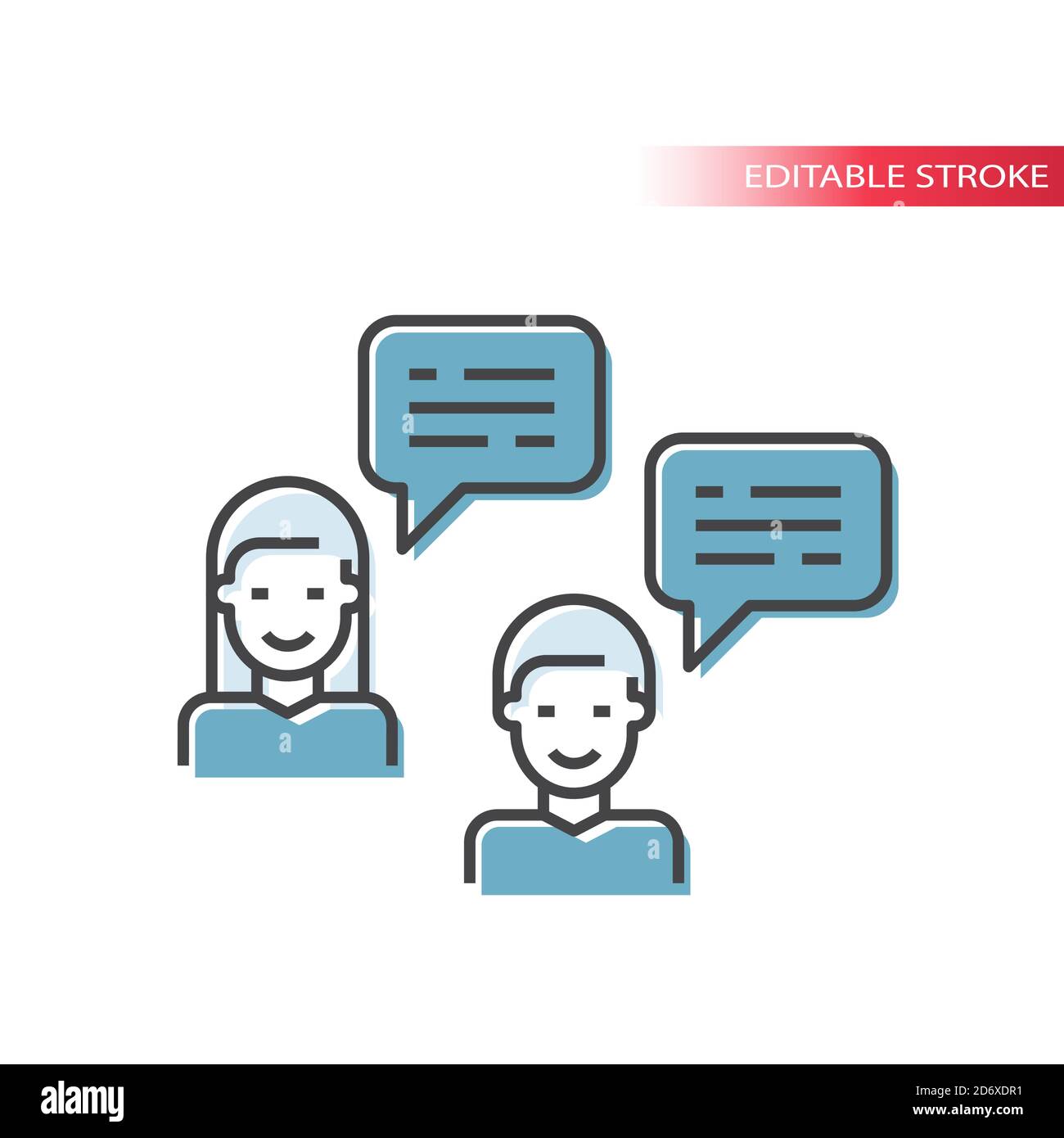 Conversazione Web, icona vettore di linea maschile e femminile. Boy, girl and chat bubble, simbolo del contorno della conversazione, tratto modificabile. Illustrazione Vettoriale