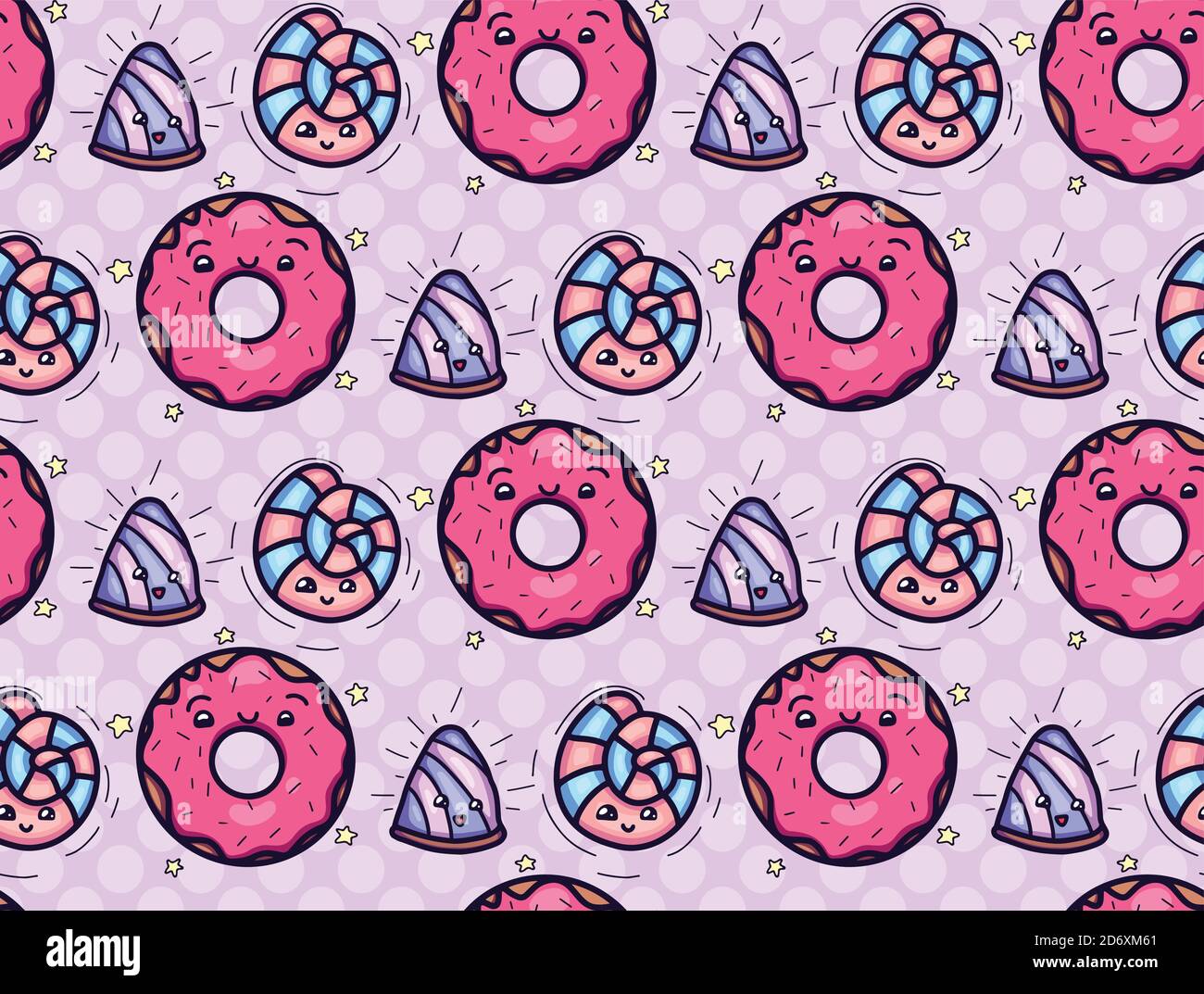 Texture senza cuciture con carino, ciambella kawai e caramella su sfondo rosa polka. Modello vettoriale per tessuti, tessuti, carta da imballaggio, cartoncini e per la vostra d Illustrazione Vettoriale