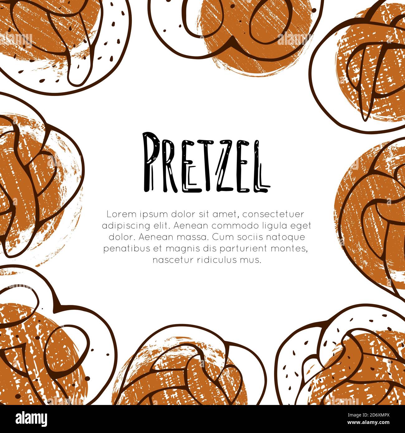Cartoncino quadrato con pretzel cartoni animati, cerchi grunge e posto per il testo. Striscione con contorno bavarese cotti con graffi. Templat vettore Illustrazione Vettoriale