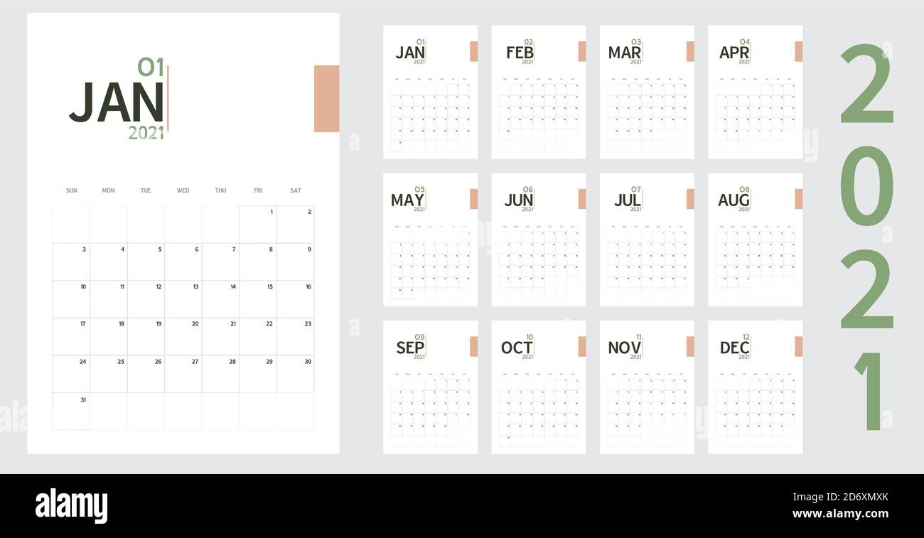 Vettore di 2021 nuovo anno calendario in tabella minima semplice Stile e tonalità organiche colore verde e oro rosa, evento festivo pianificatore, la settimana inizia domenica Illustrazione Vettoriale