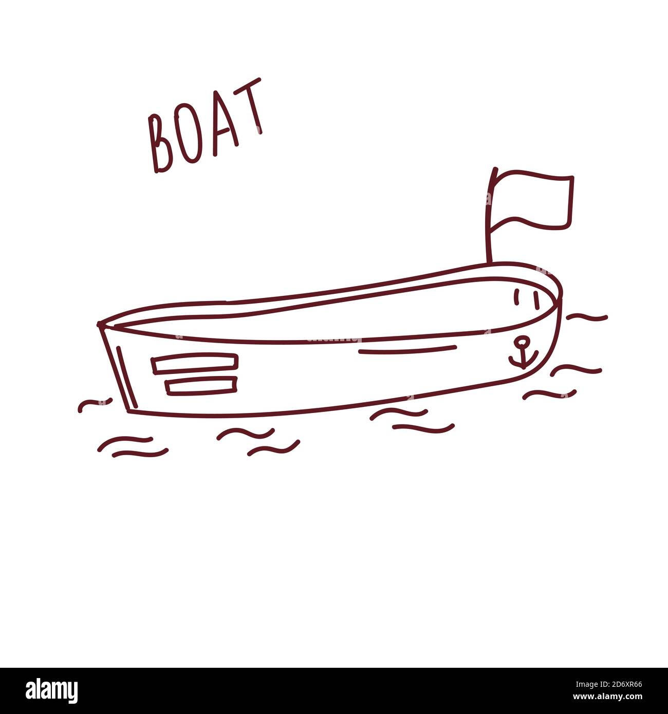barca a doodle disegnata a mano in acqua. È presente un indicatore vuoto. Scritte a mano Illustrazione Vettoriale