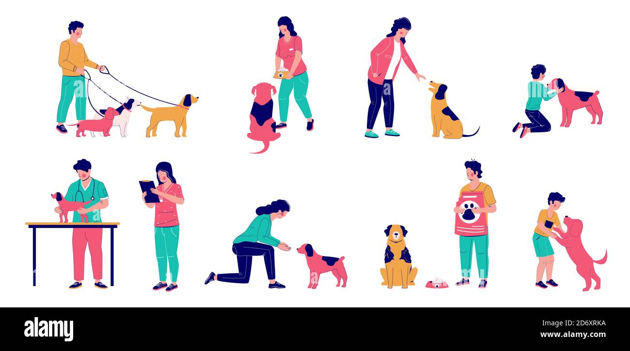 Persone con cani, vettore piatto isolato illustrazione. Illustrazione Vettoriale