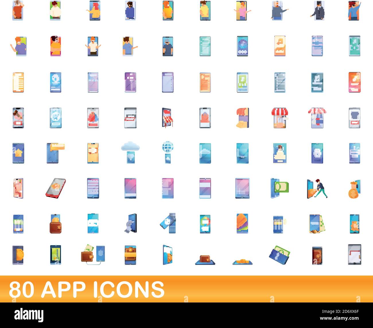 80 icone app impostate. Illustrazione cartoon di 80 icone di app vettoriali insieme isolato su sfondo bianco Illustrazione Vettoriale