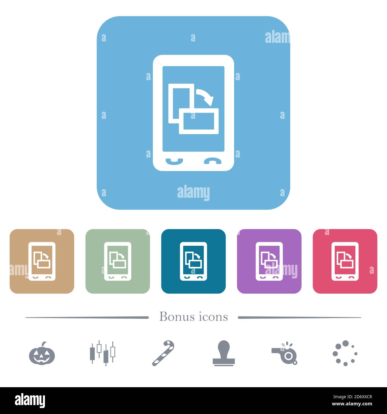 Modifica l'orientamento del display mobile icone piatte bianche su sfondi quadrati arrotondati a colori. 6 icone bonus incluse Illustrazione Vettoriale