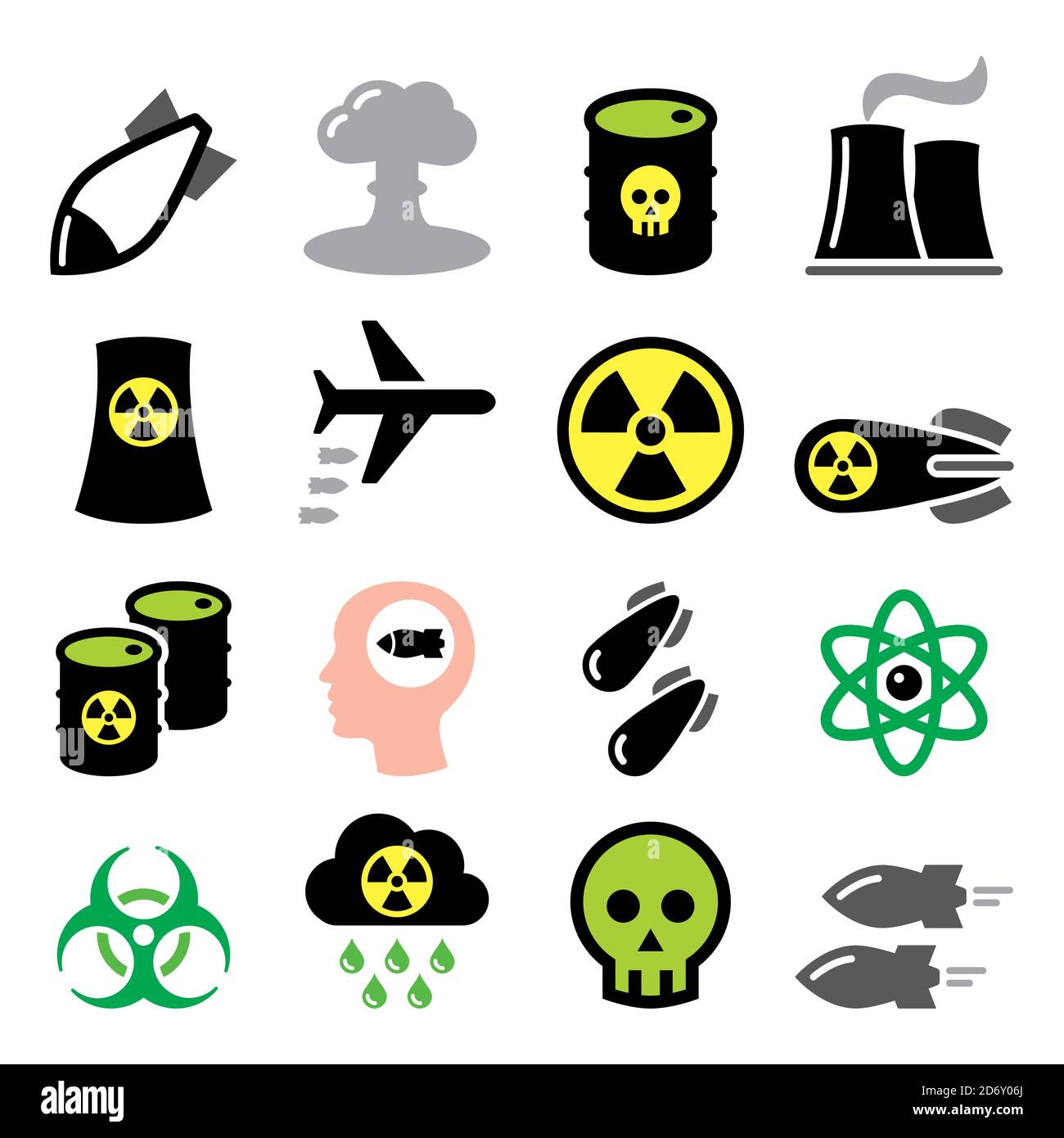 Armi nucleari, fabbrica nucleare, guerra, bombe vettore icone set - pericolo di rischio biologico Illustrazione Vettoriale