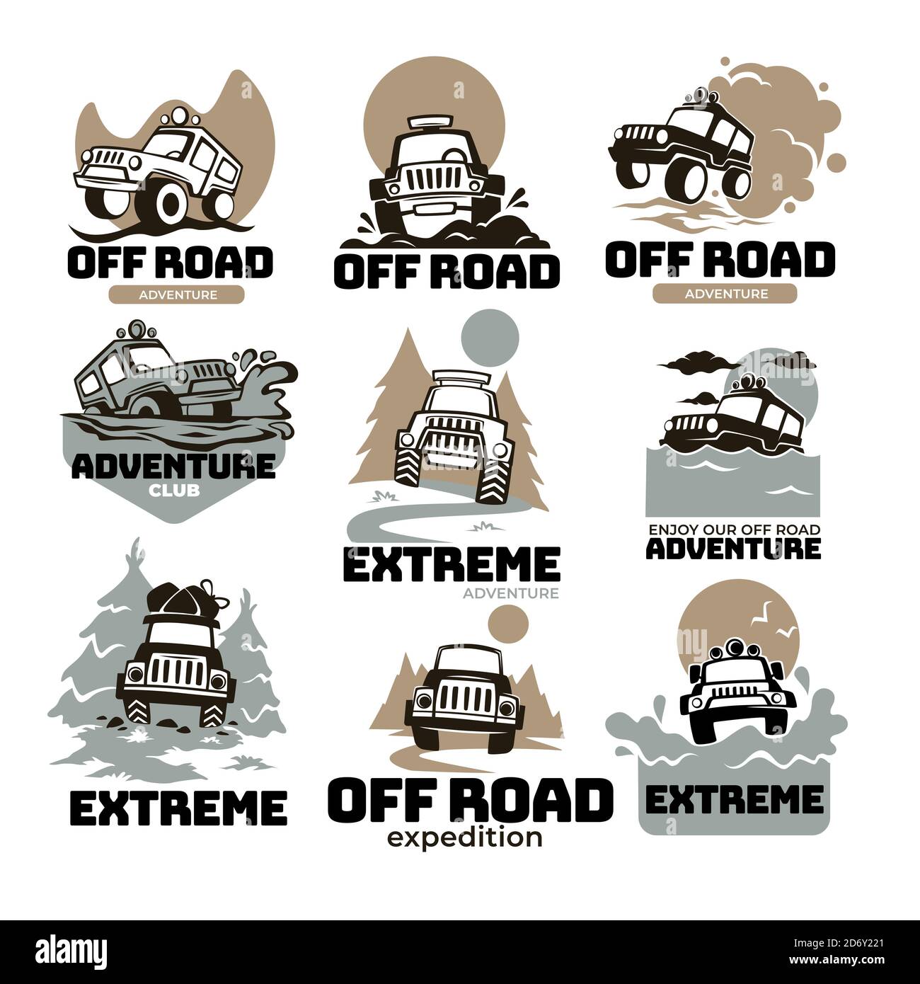 Spedizione e avventura estreme fuori strada, etichette e emblemi Illustrazione Vettoriale