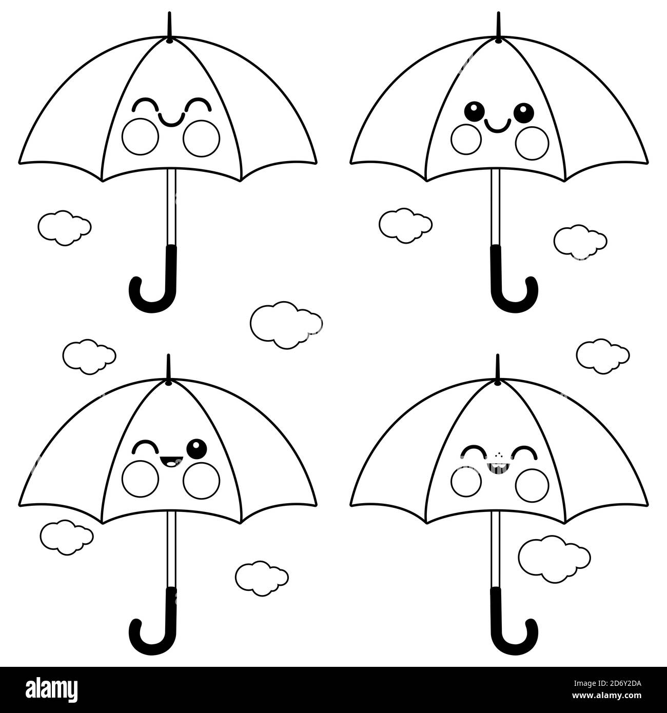 Simpatici personaggi ombrello. Pagina da colorare in bianco e nero Foto Stock