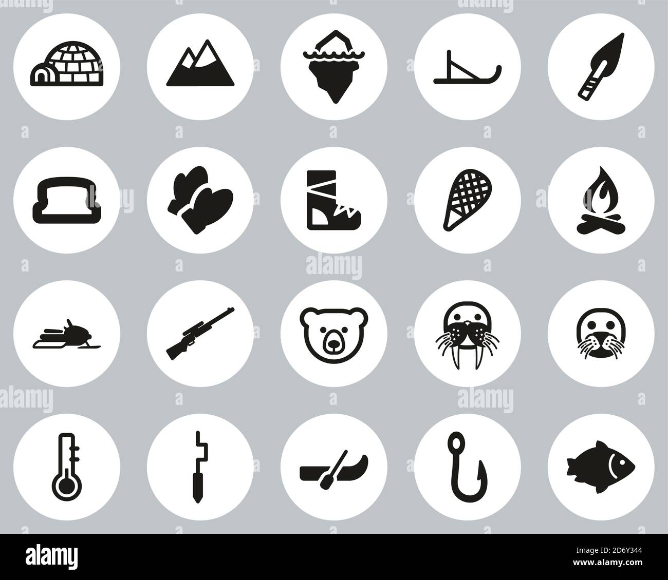 Eskimo Culture & Tools Icons Black & White Flat Design Cerchio Set Grande Illustrazione Vettoriale