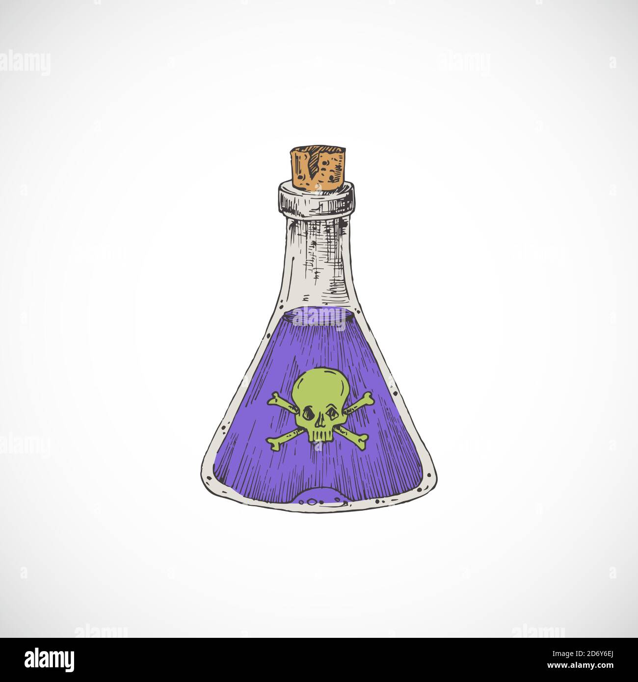 Bottiglia colorata di veleno o fiasca di patate di Halloween disegnata a mano con sculle e ossa. Disegno vettoriale astratto. Stile Doodle per le vacanze Illustrazione Vettoriale