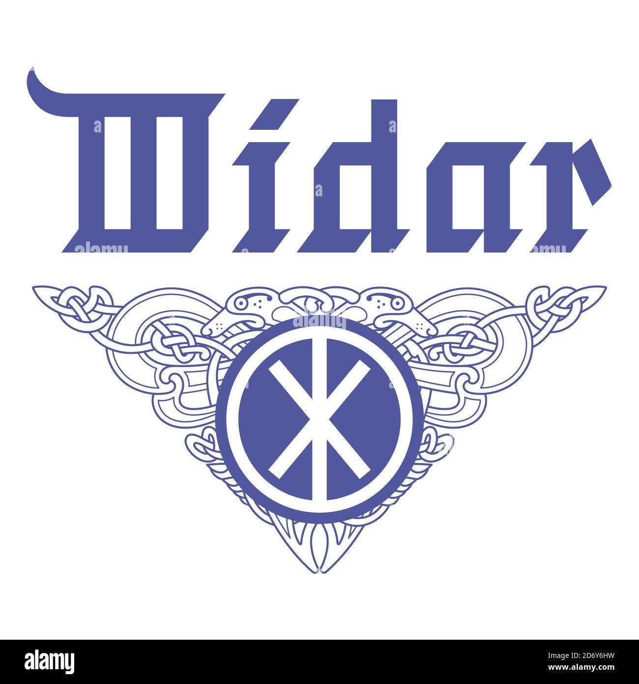 Viking, design. Vintage pattern e il nome del vecchio dio norreno Vidar scritto in stile gotico. Illustrazione in stile Celtico scandinavo. Illustrazione Vettoriale