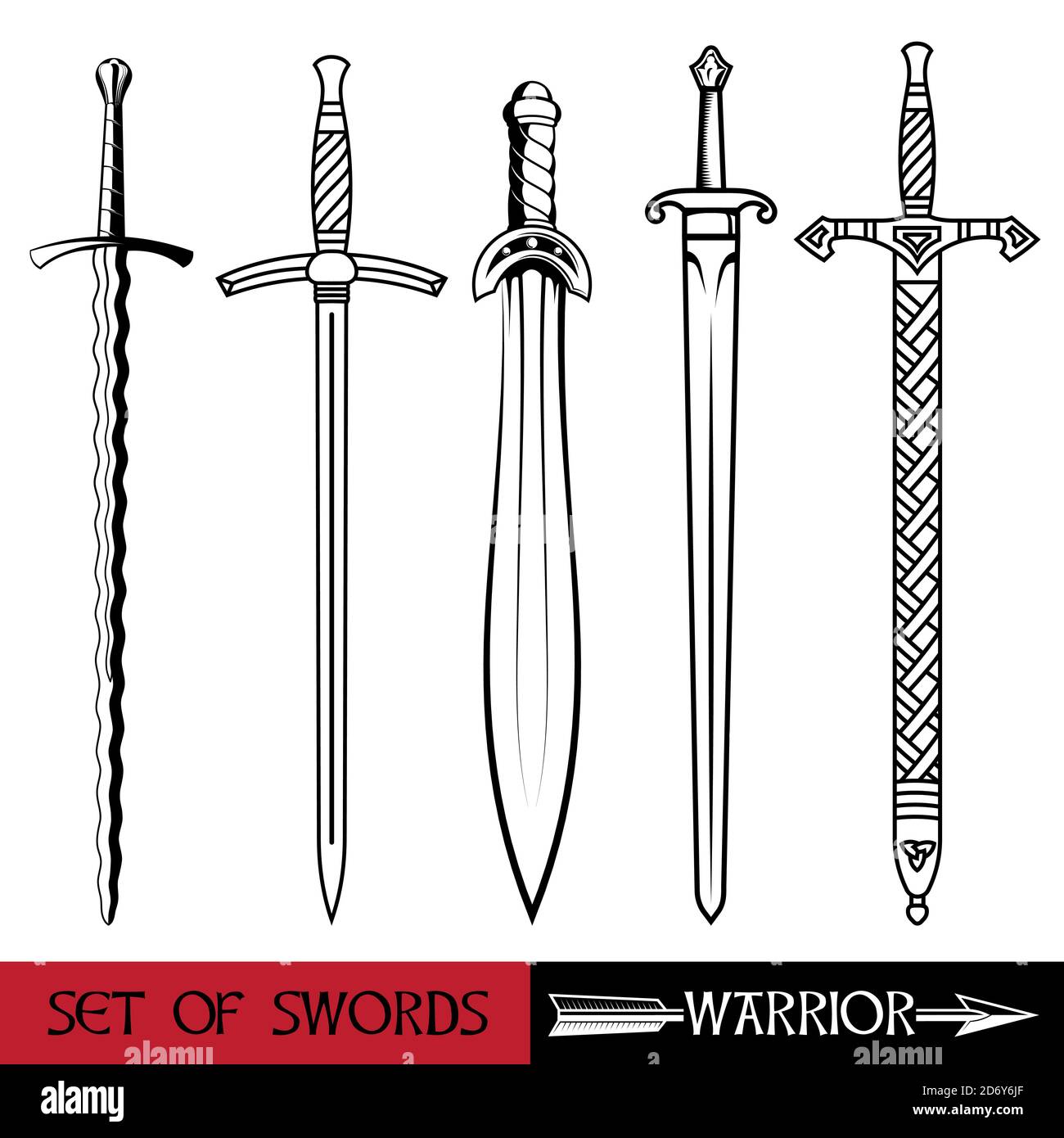Arma dell'Europa antica - insieme di spade. Spada Vikings, cavalieri di spada, crociati, spada celtica Illustrazione Vettoriale