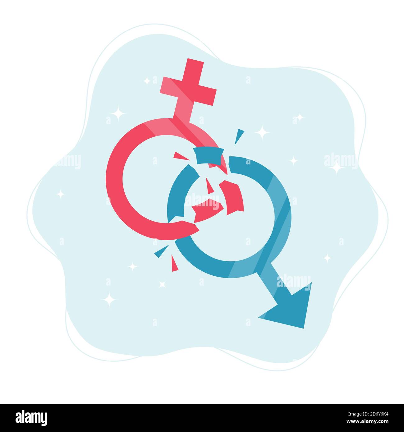 Concetto di norme di genere. Simboli di genere che si rompono in pezzi. Illustrazione in stile piatto Foto Stock