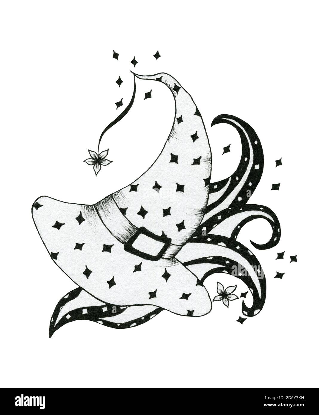 Halloween cappello di strega isolato su bianco, disegno di inchiostro del cappello di strega del cartone animato, arte di Halloween in bianco e nero, concetto di magia del cappello di strega Foto Stock
