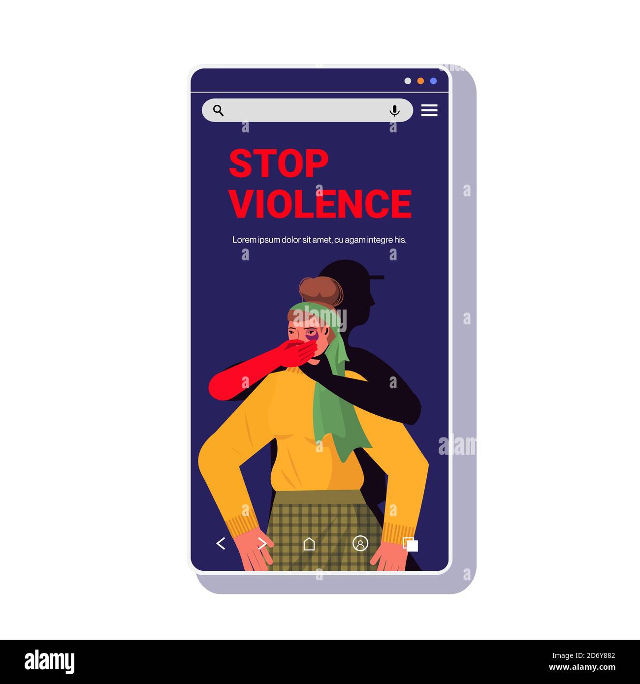 la mano maschile chiude la bocca di una donna spaventata o terrorizzata stop famiglia violenza e aggressività concetto smartphone copia spazio vettore illustrazione Illustrazione Vettoriale