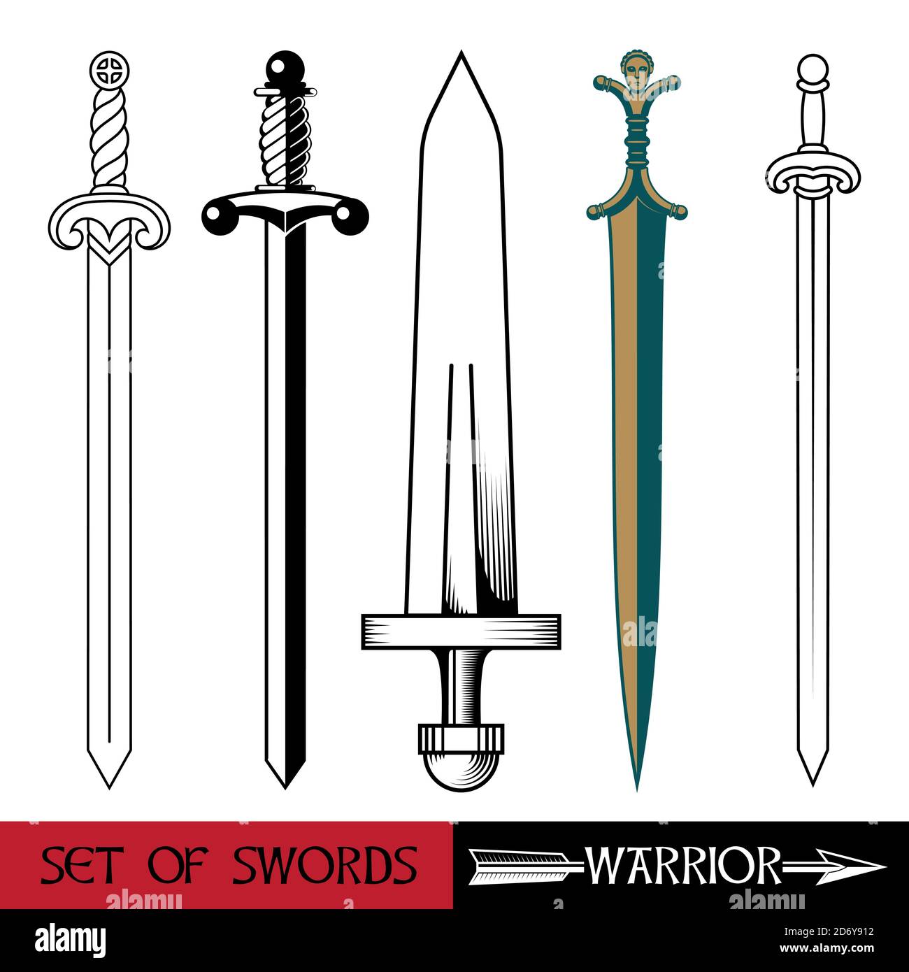 Arma dell'Europa antica - insieme di spade. Spada Vikings, cavalieri di spada, crociati, spada celtica Illustrazione Vettoriale