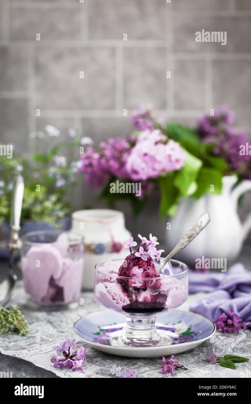 Tazza di delizioso mirtillo ricecream e lilla fatti in casa sullo sfondo Foto Stock