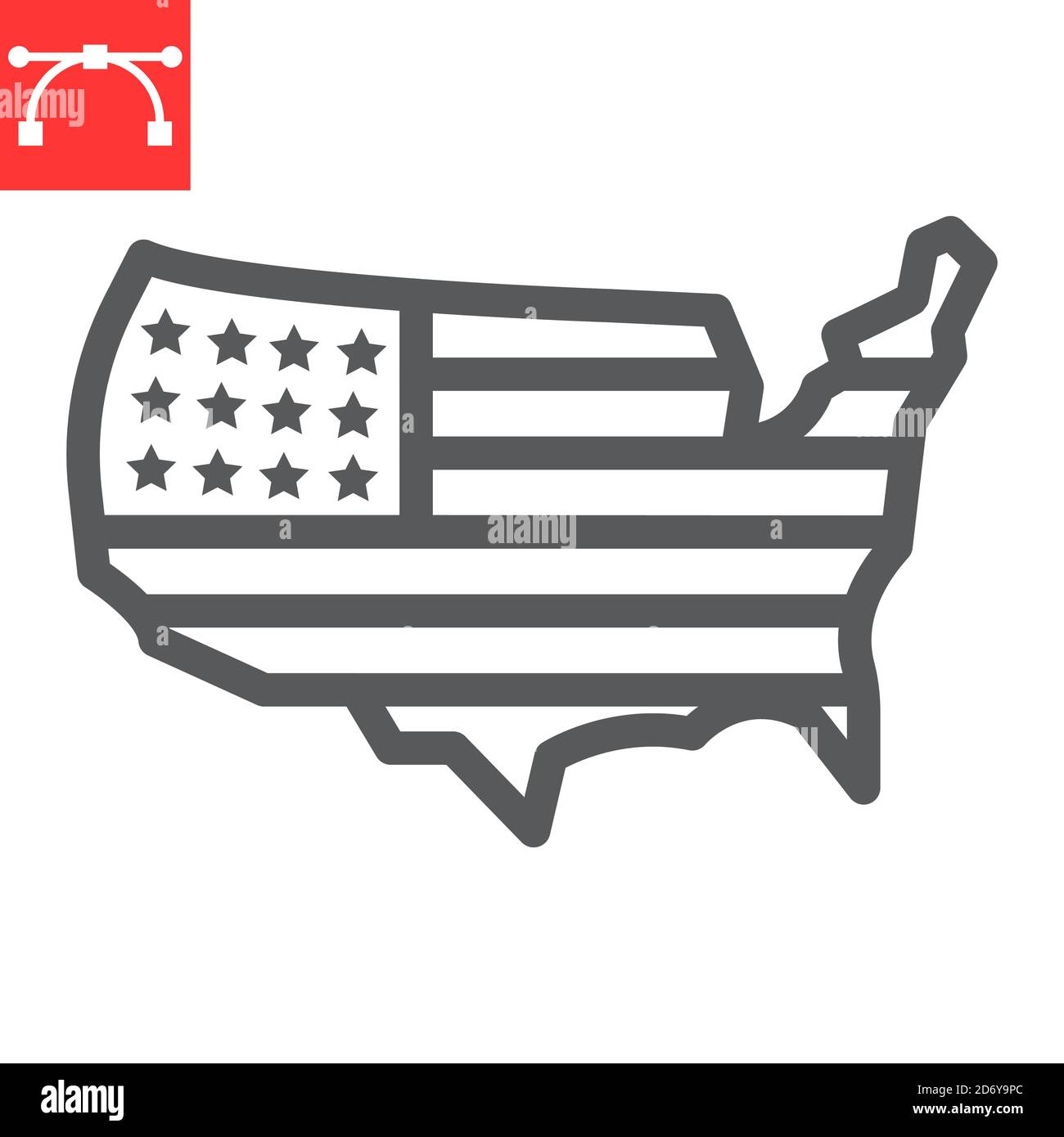 Icona della linea della mappa USA, paese e bandiera, grafica vettoriale dei segni della mappa americana, icona lineare del tratto modificabile, eps 10. Illustrazione Vettoriale