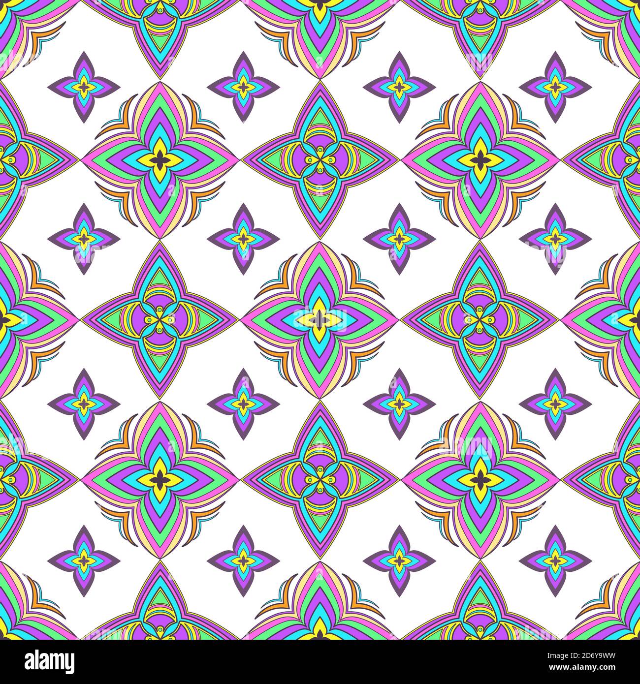 Abstract ornamento colorato, curva orientale vorticosa motivo senza cuciture con fiori e ricci, apertura. Tracciante multicolore su sfondo bianco, per Illustrazione Vettoriale