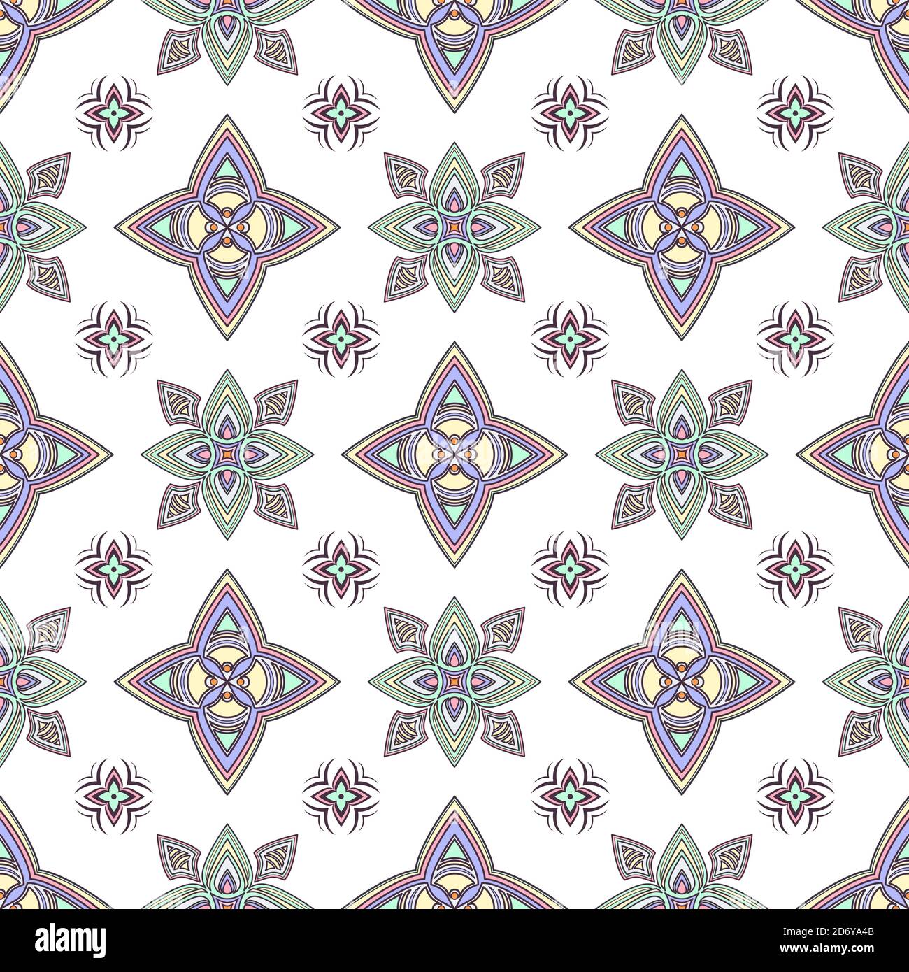 Abstract ornamento colorato, curva orientale vorticosa motivo senza cuciture con fiori e ricci, apertura. Tracciante multicolore su sfondo bianco, per Illustrazione Vettoriale