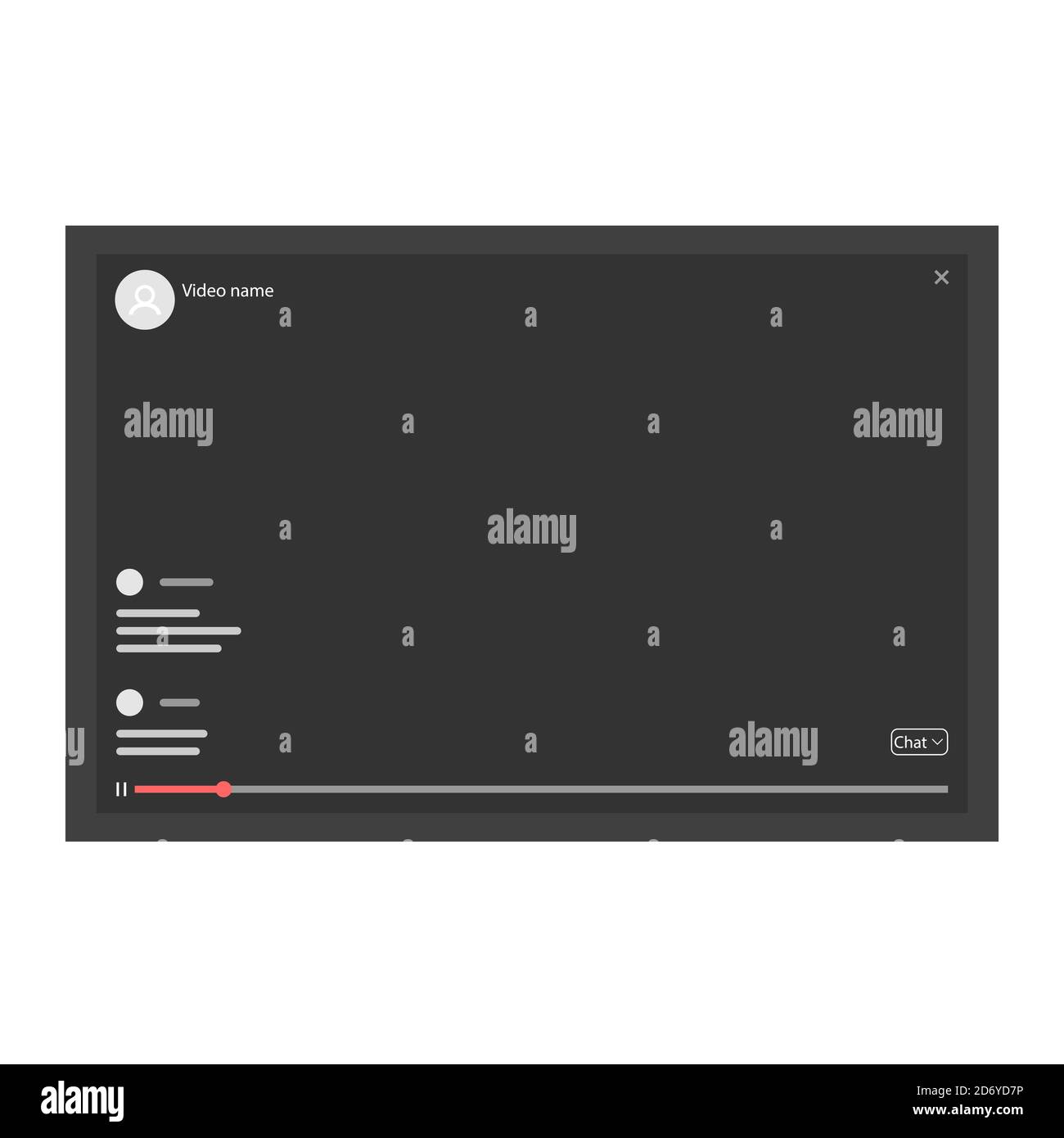 Una schermata di riproduzione video nei social network, con chat, pulsanti, su sfondo bianco. Illustrazione Vettoriale