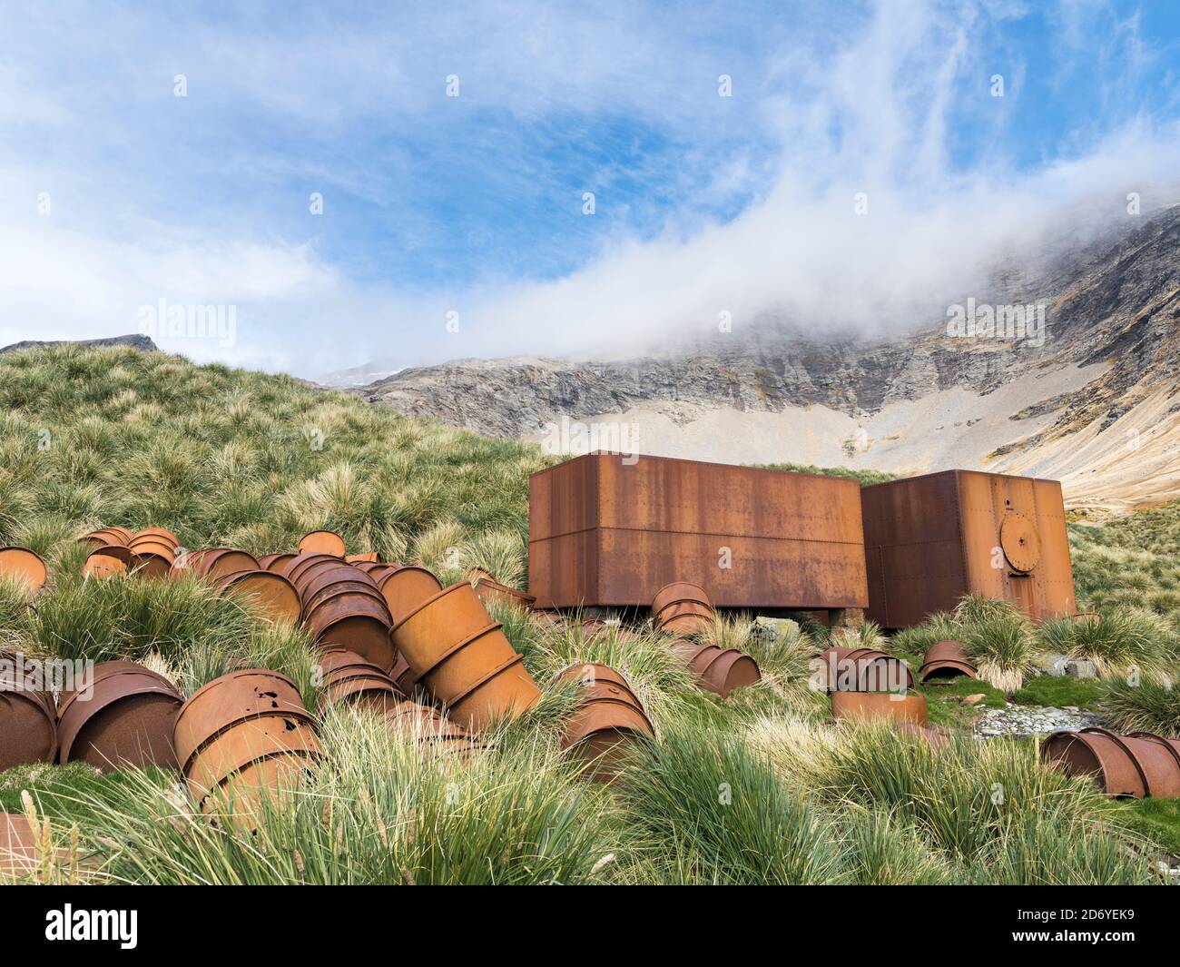 Rovine della stazione di caccia Gothul nel sud della Georgia. Antartide, Subantartica, Georgia del Sud, ottobre Foto Stock
