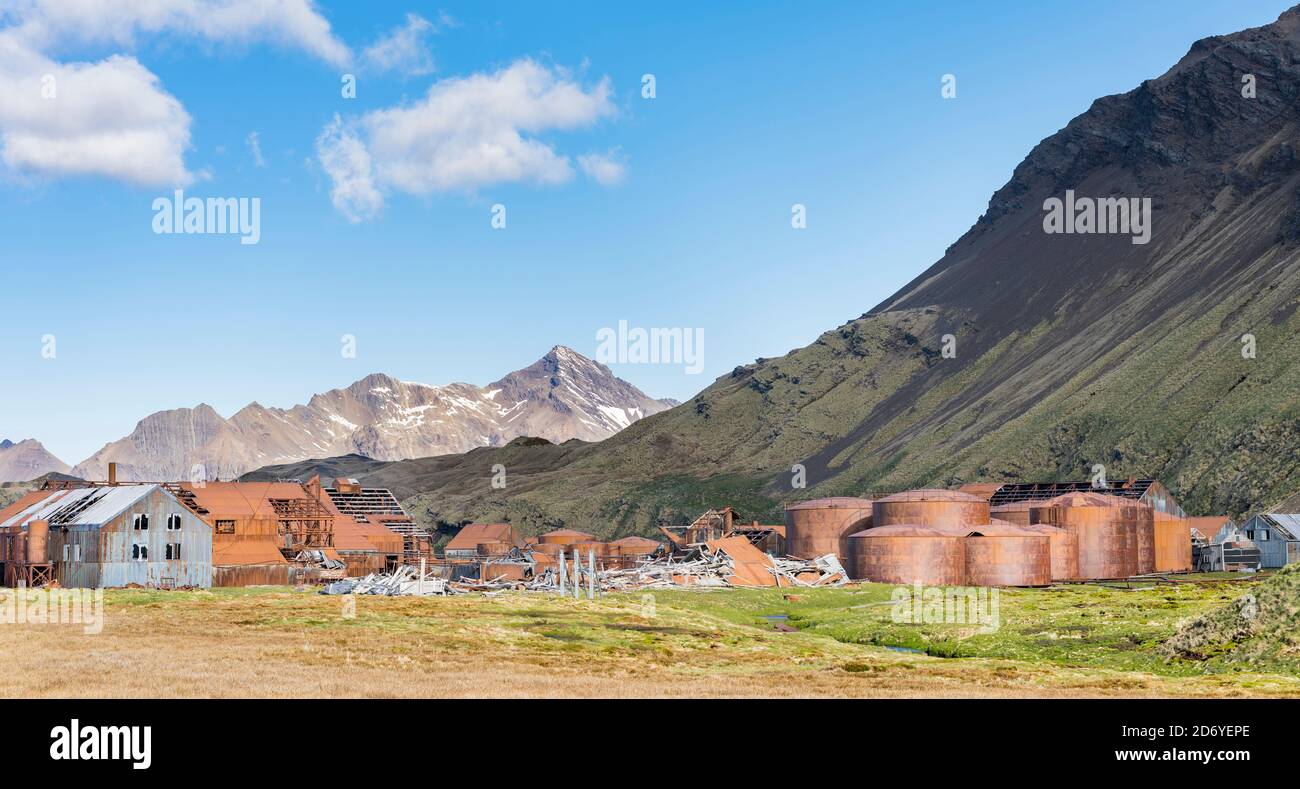 Rovine di Stromness Whaling Station in Georgia del Sud Antartide, Susantartica, Georgia del Sud, ottobre Foto Stock