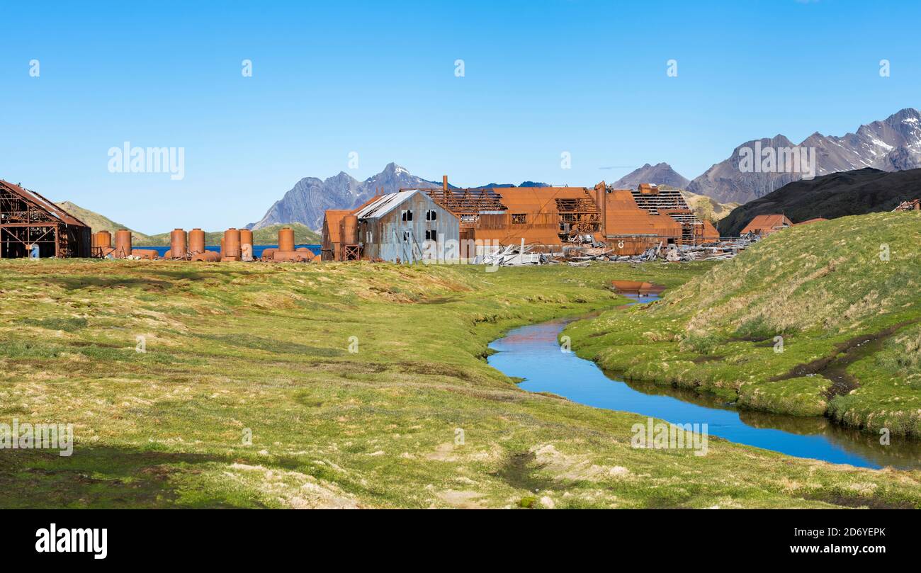 Rovine di Stromness Whaling Station in Georgia del Sud Antartide, Susantartica, Georgia del Sud, ottobre Foto Stock